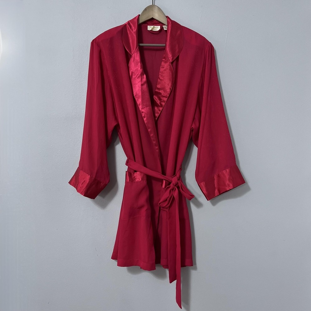 Vintage Victoria Secret Robe Women Large Pink Satin‎ Kimono Belted Pockets 90s